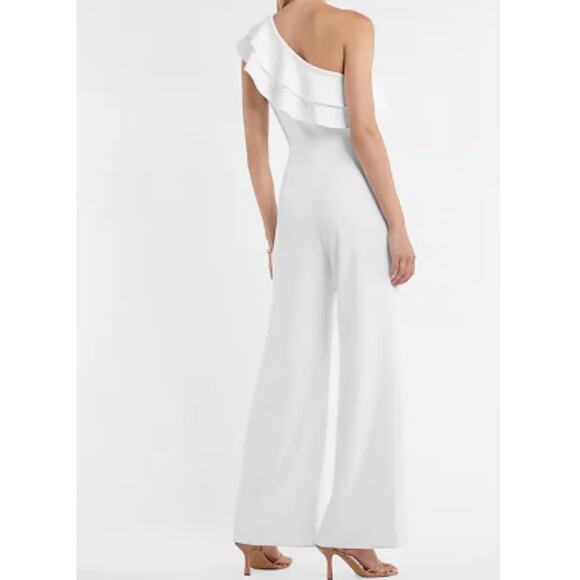 Express White One Shoulder Ruffle, Wide Leg Women's Jumpsuit, Size large - Picture 2 of 7